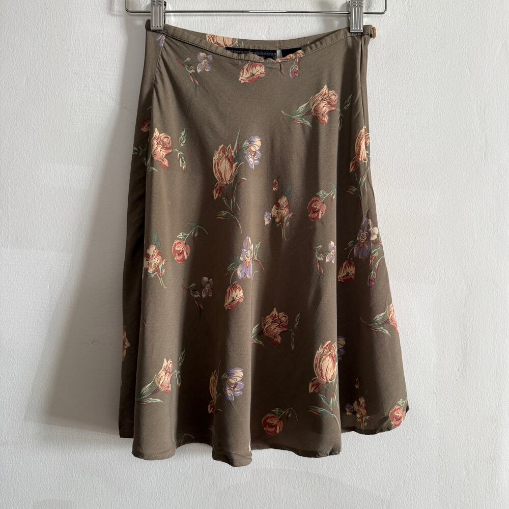 90s Vintage Express Brown Floral Skater Skirt Flared Skirt | Extra Small